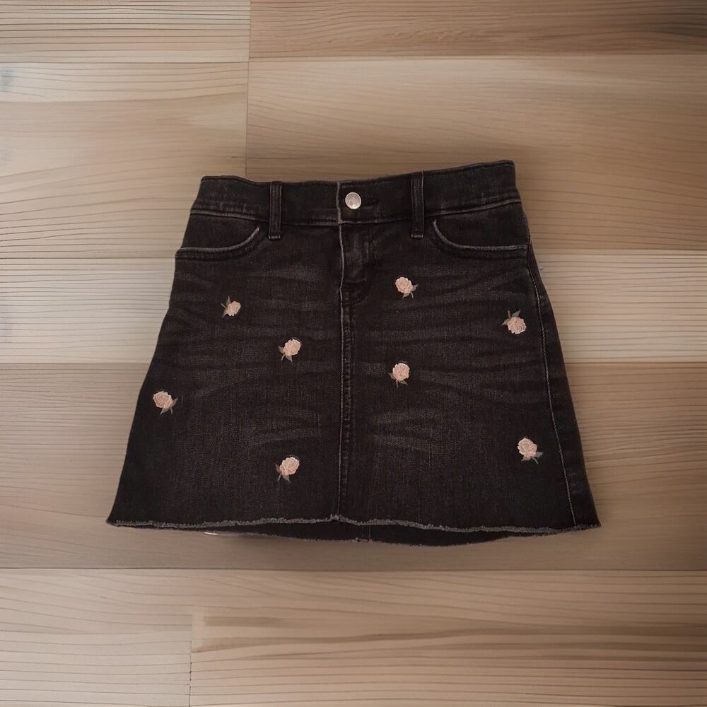 Y2K Abercrombie & Fitch Black Denim Mini Skirt Floral Embroidery Size 7-8 Boho